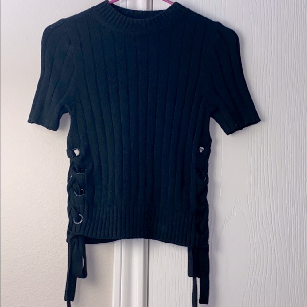 Black Short Sleeved Ribbed Sweater